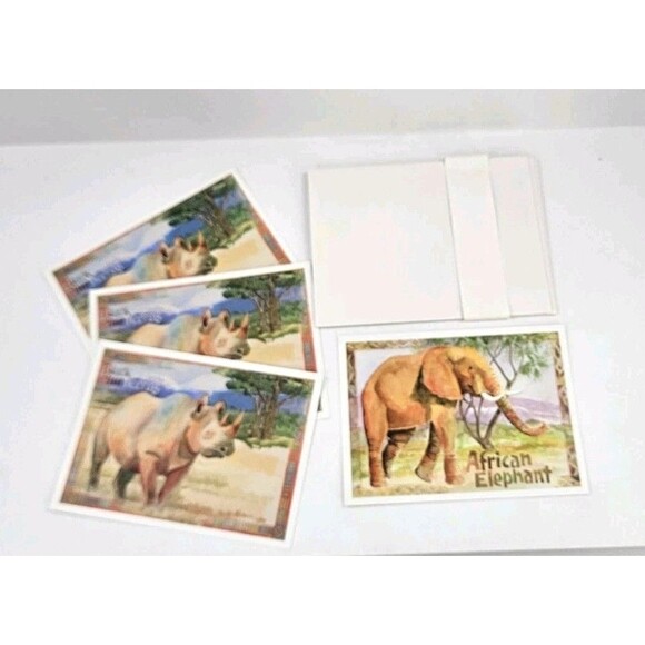 Vtg Blank All Occasion Greeting Cards 3 Black Rhino 1 Elephant Painting Envelope - Picture 1 of 6